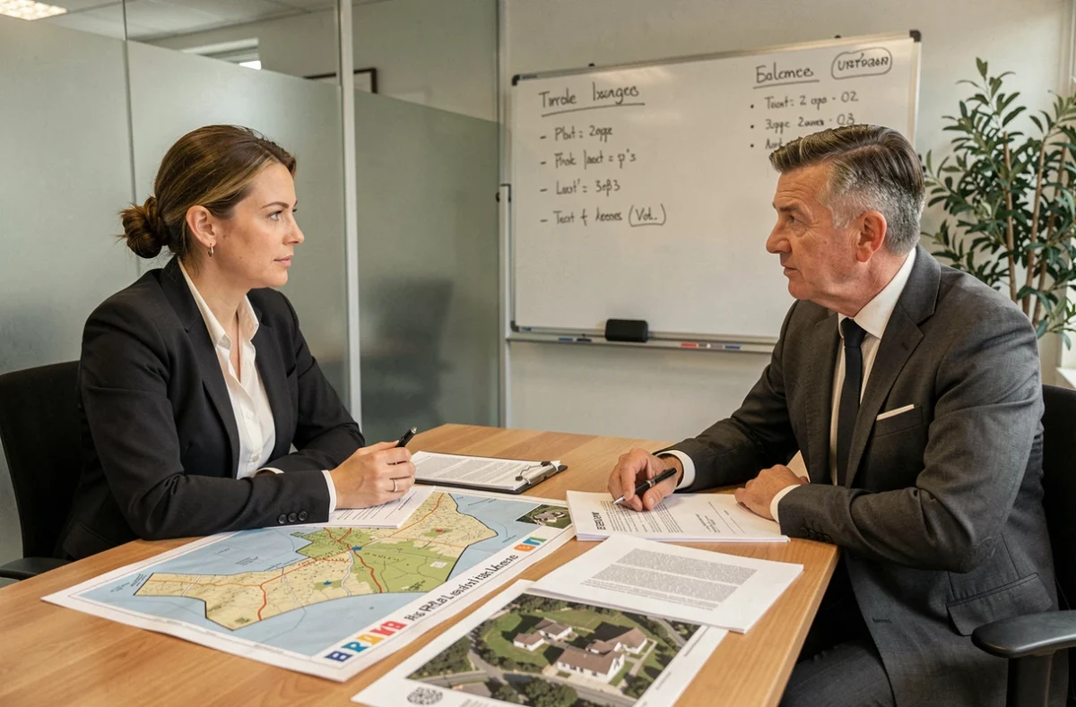 Notaire et urbaniste analysant ensemble des cartes de zones à risques ERRIAL en réunion professionnelle