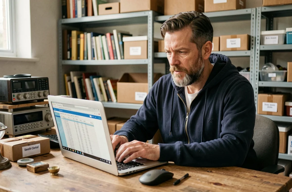 Revendeur professionnel évaluant ses gains après l'achat de box de stockage aux enchères depuis son bureau à domicile