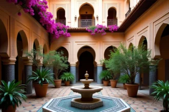 Patio intérieur d'un riad traditionnel à Marrakech avec fontaine en zellige, orangers en pot et murs en stuc sculpté, idéal pour un investissement locatif rentable