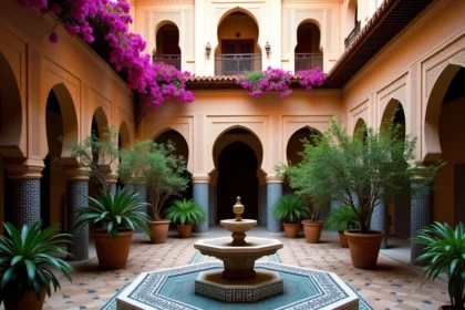 Patio intérieur d'un riad traditionnel à Marrakech avec fontaine en zellige, orangers en pot et murs en stuc sculpté, idéal pour un investissement locatif rentable