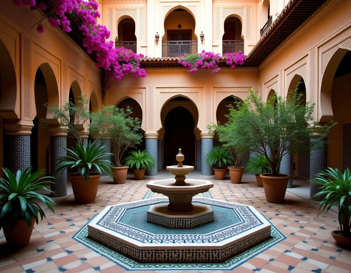 Patio intérieur d'un riad traditionnel à Marrakech avec fontaine en zellige, orangers en pot et murs en stuc sculpté, idéal pour un investissement locatif rentable