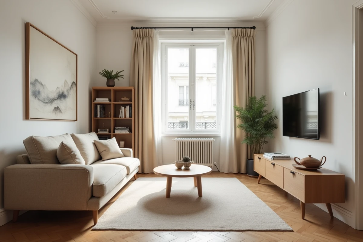 Salon d'un appartement meublé prêt pour l'état des lieux avec inventaire du mobilier