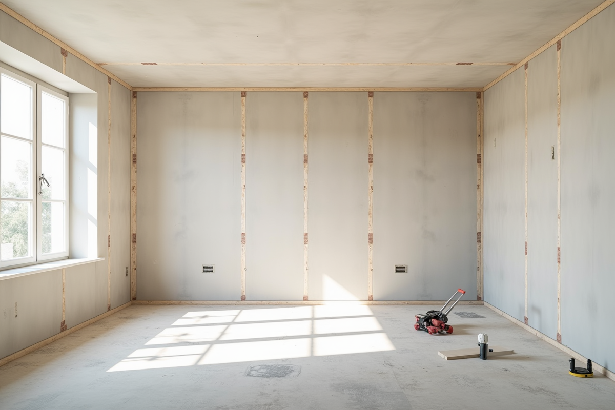 Salon spacieux en rénovation avec murs en plâtre et joint