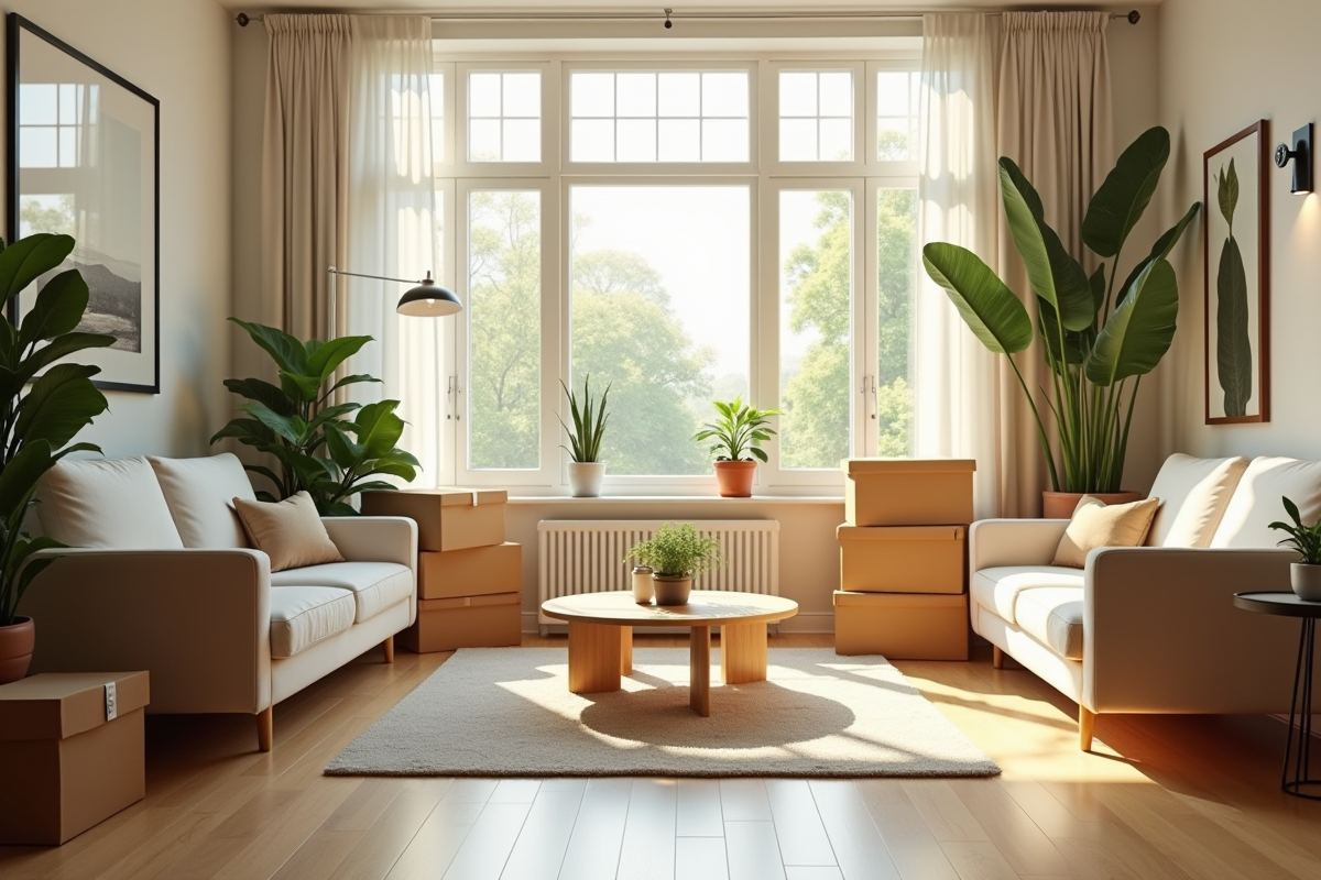 Salon lumineux avec meubles neufs et plantes vertes dans un appartement rénové