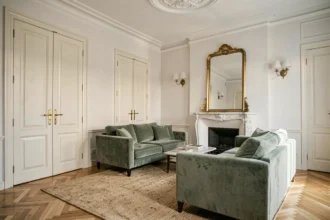 Salon de style haussmannien dans un appartement neuf avec moulures, parquet en chevrons et cheminée en marbre