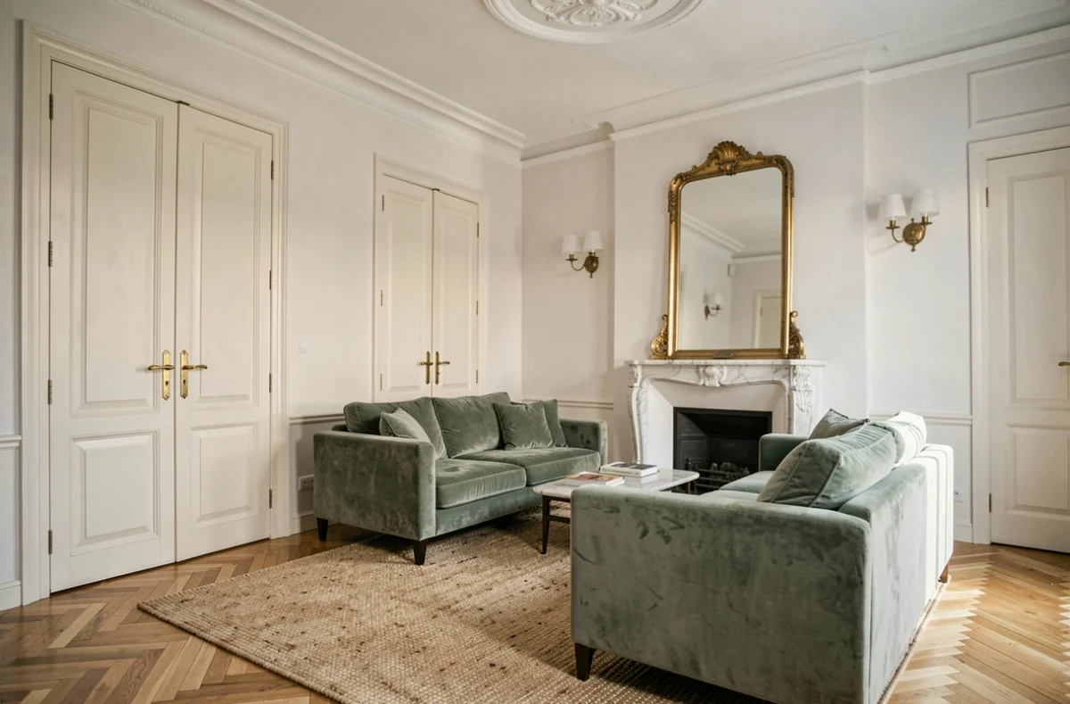 Salon de style haussmannien dans un appartement neuf avec moulures, parquet en chevrons et cheminée en marbre