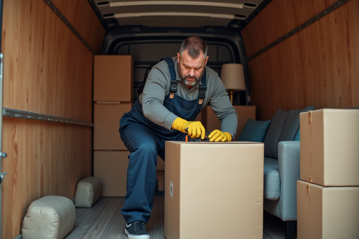 Homme en tenue de travail sécurisant des meubles dans un camion de déménagement