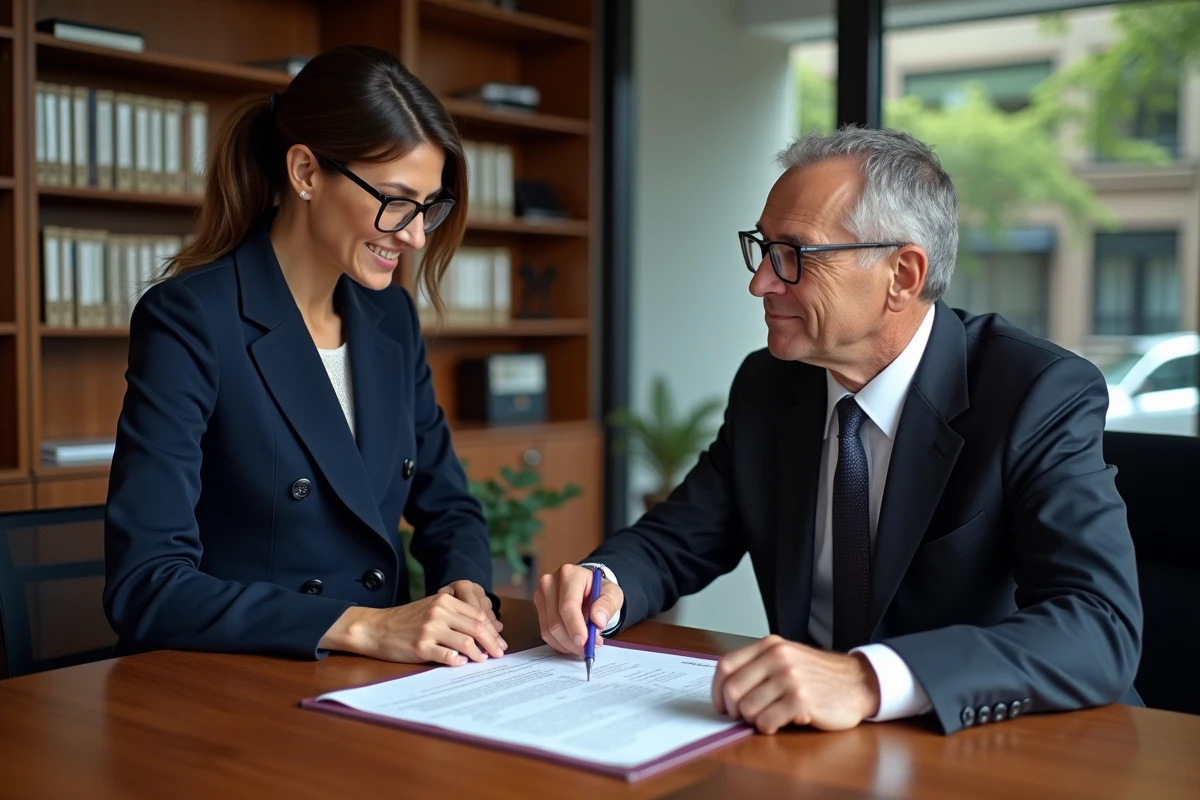 Femme et notaire en réunion pour la signature du compromis de vente immobilier