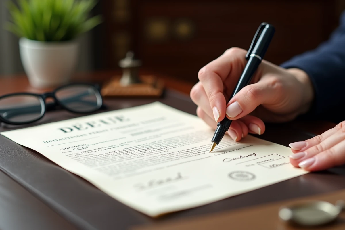 Gros plan sur des mains tenant un stylo au-dessus d'un document notarié à signer à Limoges