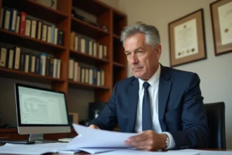 Syndic de copropriété examinant un modèle pré état daté conforme loi Alur dans un bureau professionnel