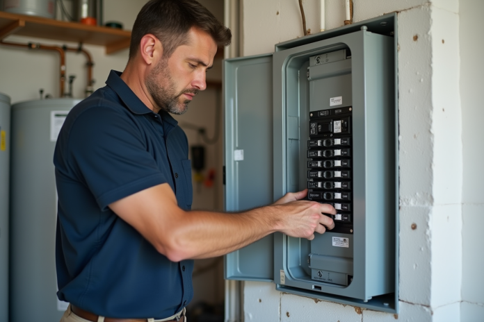 technicien-electricite-panel Technicien inspectant un tableau électrique moderne dans une pièce propre