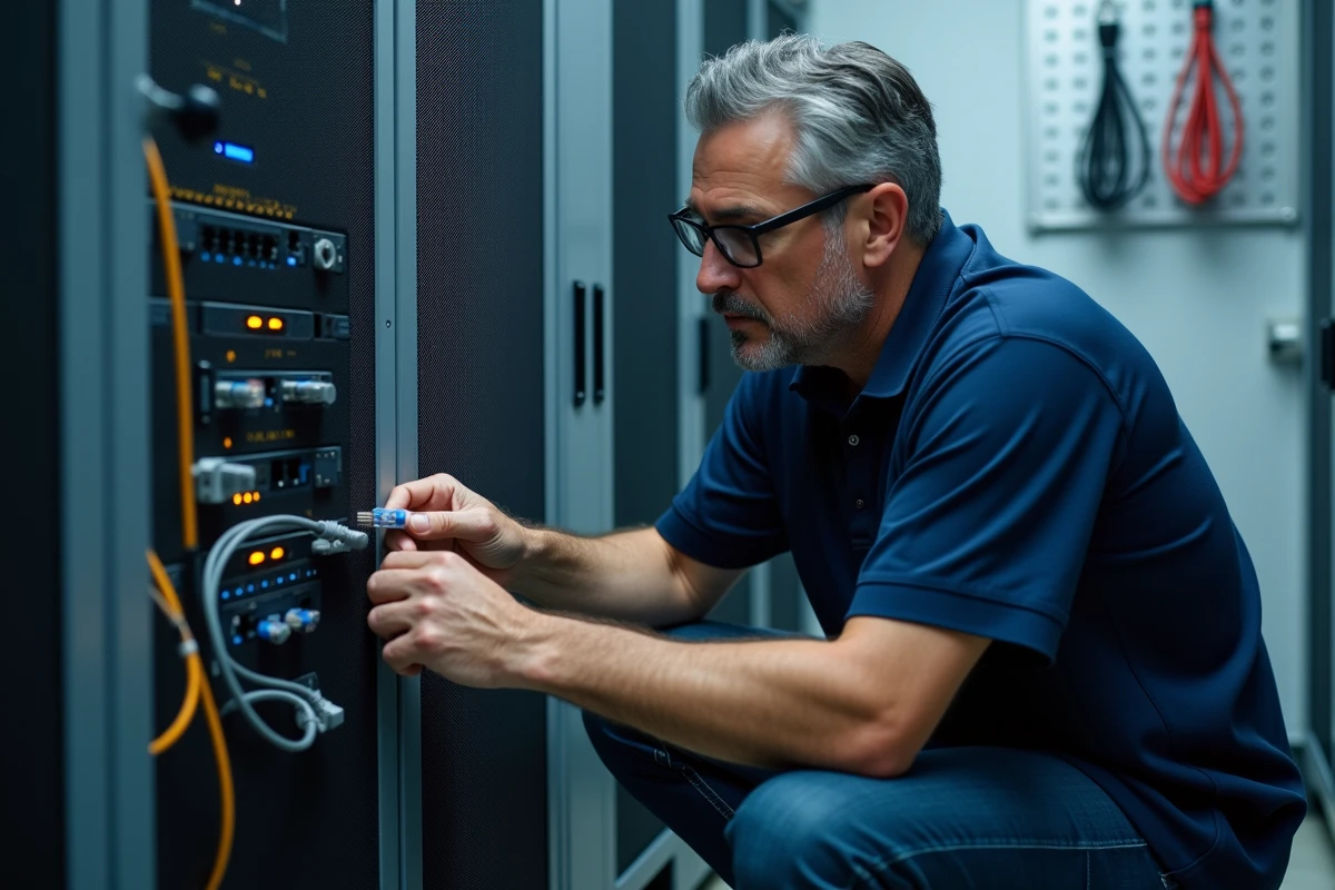 Technicien informatique inspectant les câbles réseau pour résoudre une panne intranet IAD