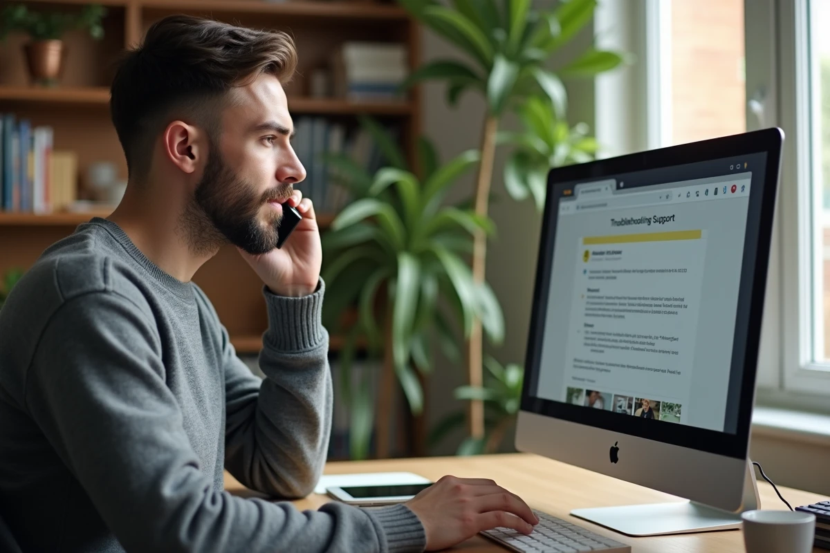 Homme en télétravail contactant le support IAD pour résoudre un problème de connexion intranet