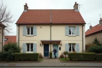 Deux maisons mitoyennes partageant une toiture commune en tuiles, avec deux propriétaires discutant près de la gouttière mitoyenne dans un quartier résidentiel français