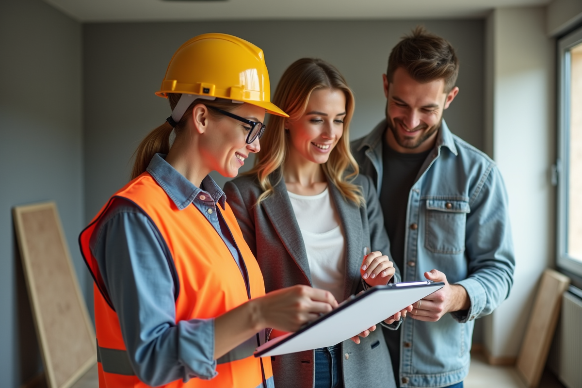 Travailleuse en sécurité avec couple étudiant un contrat dans un salon