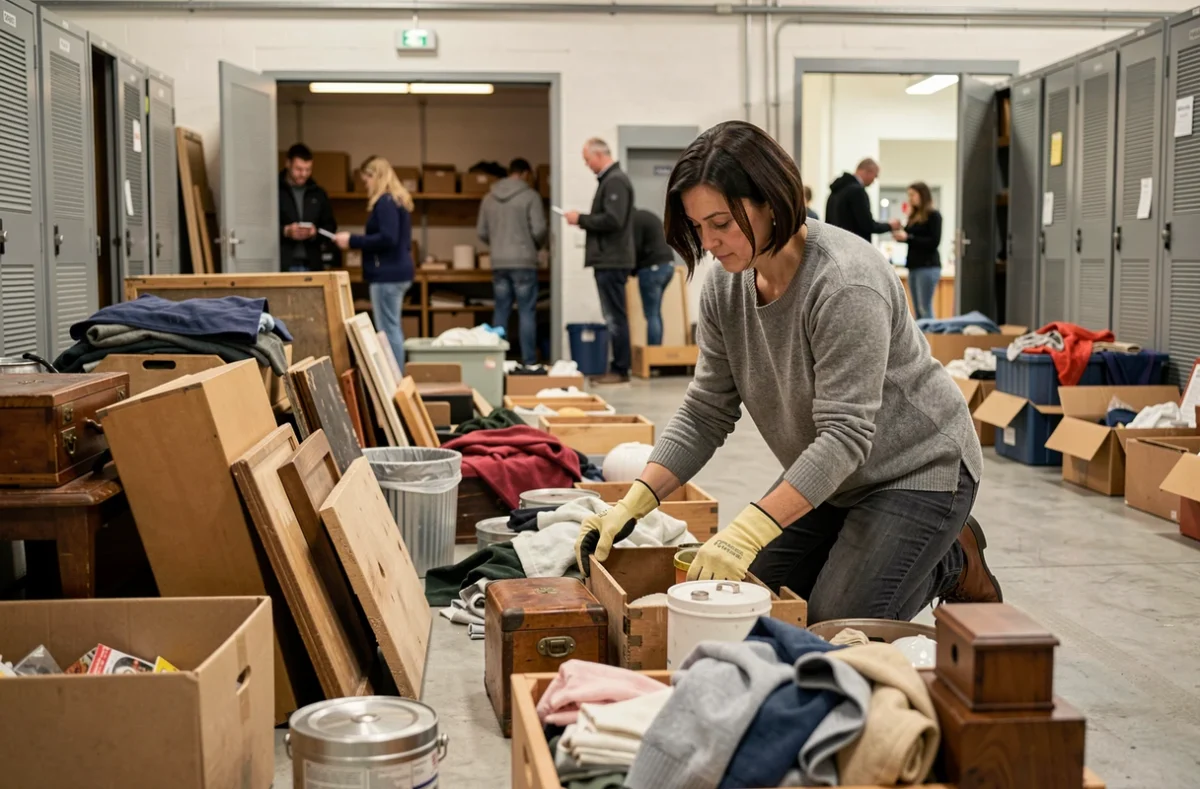 Femme triant des objets récupérés dans un box de stockage acheté aux enchères dans un entrepôt