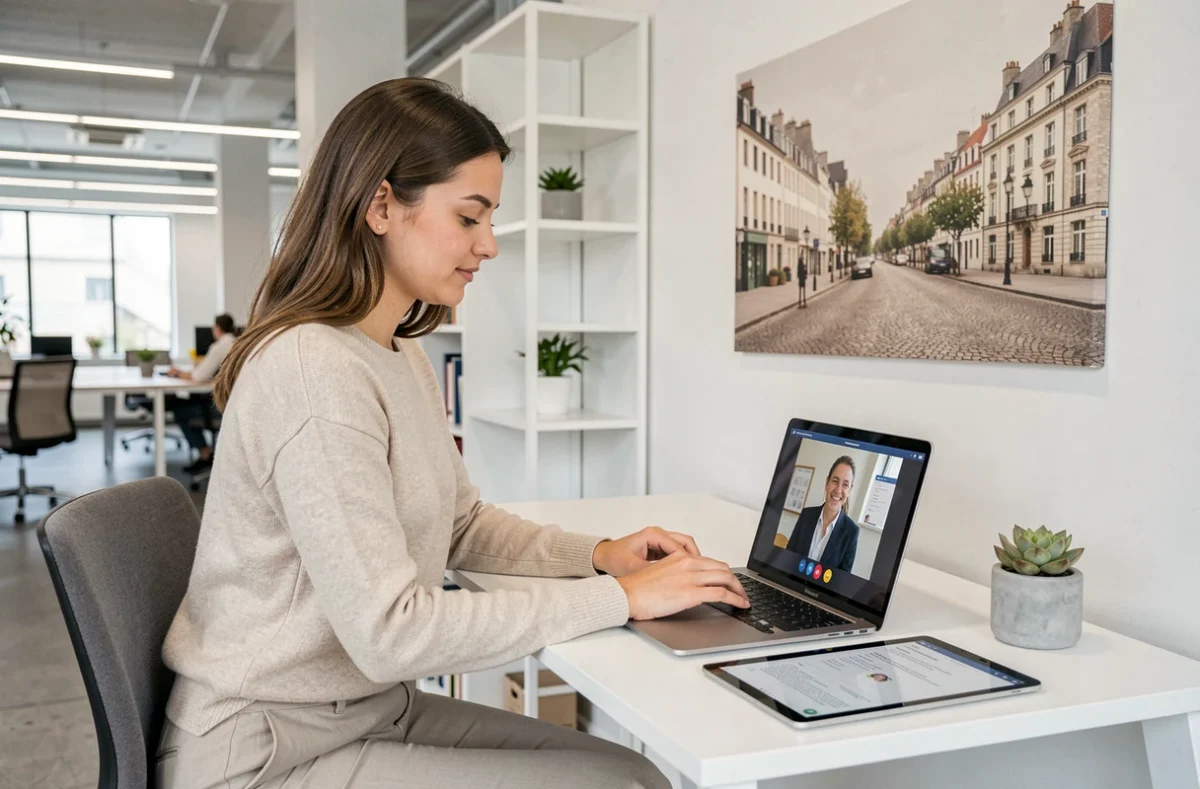 Conseillère d'Univers City Immo en visioconférence avec un locataire depuis son bureau moderne et minimaliste