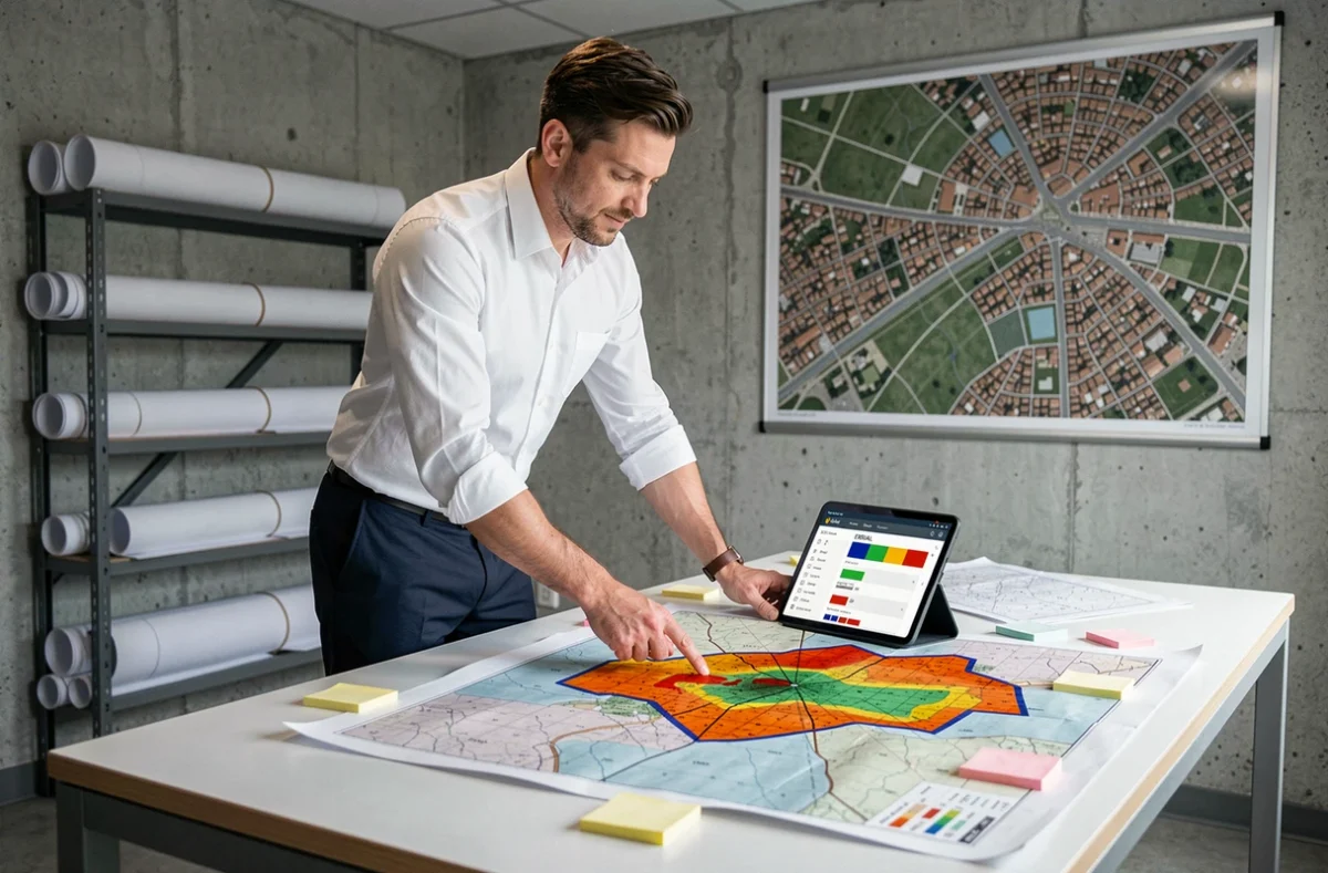 Urbaniste consultant les cartes de géorisques ERRIAL sur tablette et plans imprimés dans un bureau municipal
