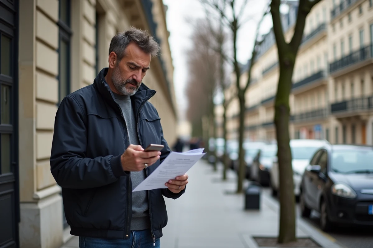 Homme vérifiant des documents de location devant un immeuble parisien, comparant les informations avec son téléphone mobile