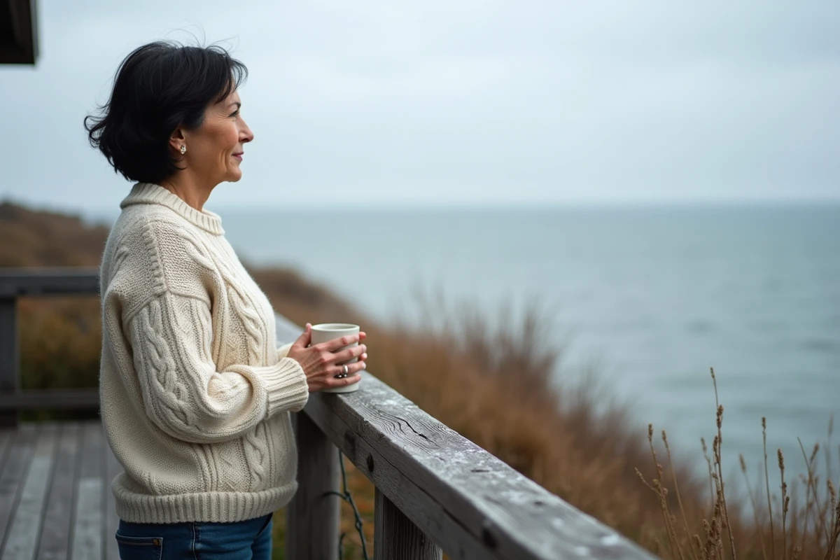 Femme contemplant la mer depuis la terrasse en bois d'une maison côtière en automne, café à la main