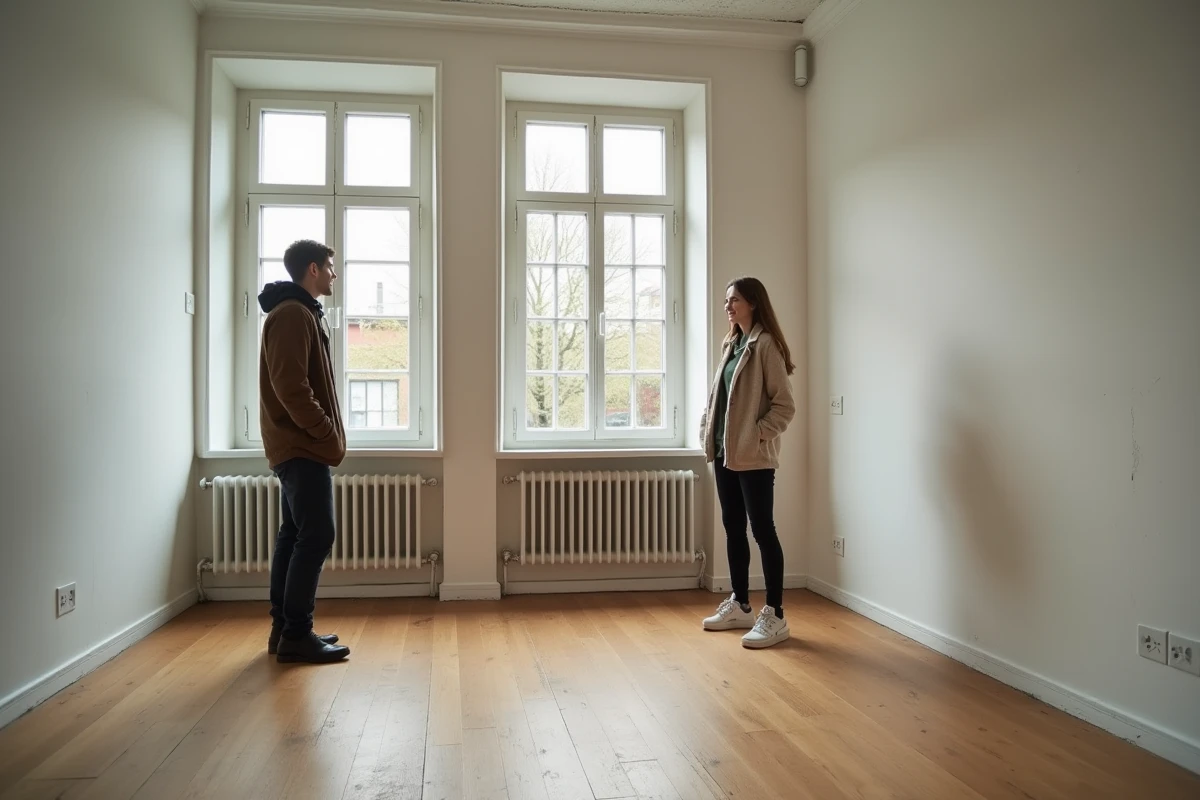 Couple visitant un appartement vide avec parquet ancien et grandes fenêtres dans un immeuble berlinois typique