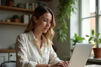 Femme consultant des avis utilisateurs sur la plateforme Zelok depuis son domicile sur un ordinateur portable