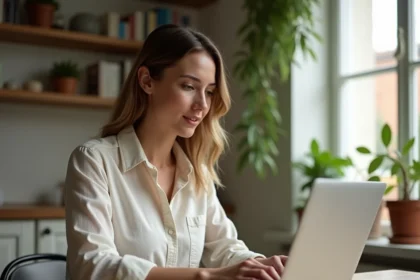 Femme consultant des avis utilisateurs sur la plateforme Zelok depuis son domicile sur un ordinateur portable