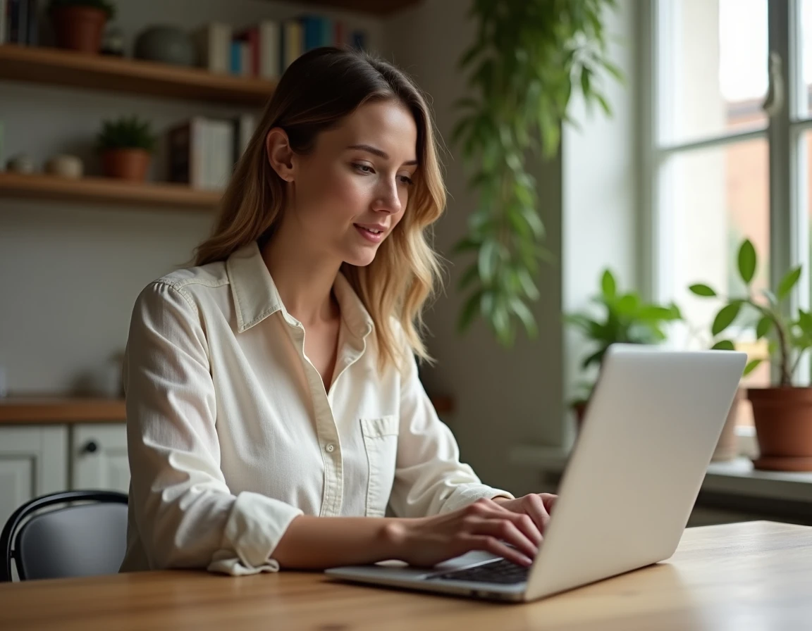 Femme consultant des avis utilisateurs sur la plateforme Zelok depuis son domicile sur un ordinateur portable