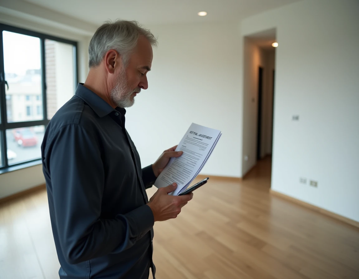 Propriétaire ou locataire consultant son smartphone lors d'une visite d'appartement avec un dossier de location Zelok en main